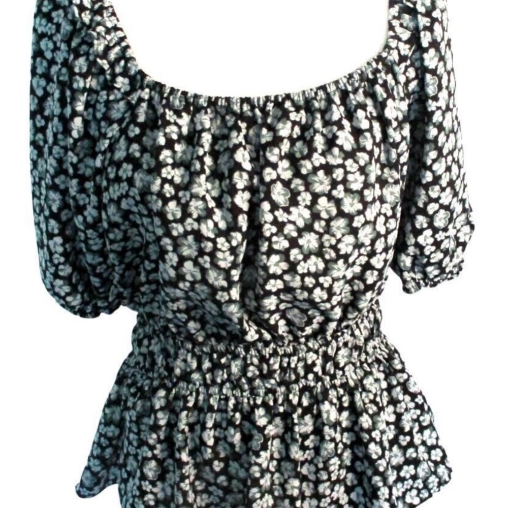 Nine West Black and White Puff Sleeve Smocked Peplum Blouse